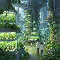 concept art of a lush indoor hydroponics lab in a far - future utopian city, key visual, ambient lighting, highly detailed, digital painting, artstation, concept art, sharp focus, by makoto shinkai and akihiko yoshida and hidari and wlop