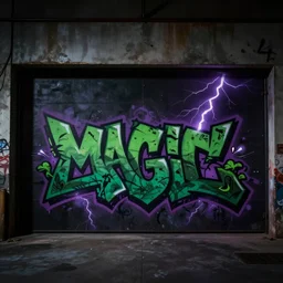 Graffiti on the garage wall, Magic Jungle, dark green, black, purple shades, dramatic lightning, deep shadows, cgsociety, minimalistic,  8K