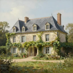 a large serene beautiful matte painting of a delapitaded quaint french country mansion covered in vines, by asher brown durand and george ault featured on artstation,