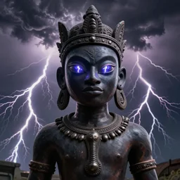 shango, african god of thuder with electric eyes, violent thunderstorm!!, dim light, front game card, marvel comics, dark, intricate, highly detailed, smooth, artstation, digital illustration, unreal engine 5, by jeff easley and mandy jurgens and artgerm and wayne barlowe and greg rutkowski and justin bua