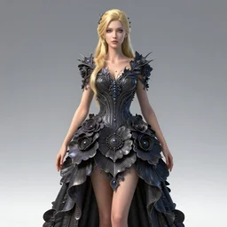 beautiful blonde lady in a 3D flower dress , hyperrealistic, ultra detailed, octane render, symmetric, 3d, majestic, dark fantasy, intricate