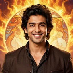 centralized close up portrait, friendly smiling avan jogia prince mage, abstract sunfire background, alphonse mucha, rhads, ross tran, artstation, artgerm, octane render, 1 6 k