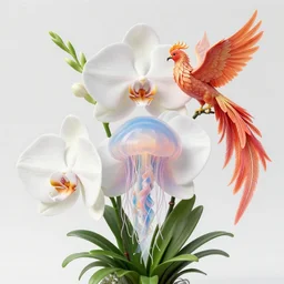 3 d giant orchid flower, giant gladiola and jellyfish face chakra phoenix bird in a giant mycelium fungus, translucent, bio luminescent, plasma, smoke and water energy flow, highly detailed, octane render, excellent composition