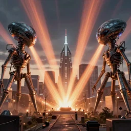 giant alien tripods destroying philadelphia with heat rays, artstation, volumetric lighting