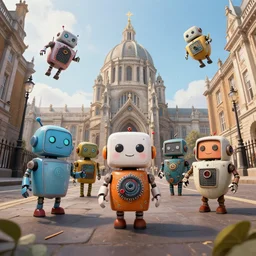 cute robots invade victorian london, trending on artstation, 8K, ultra wide angle, pincushion lens effect