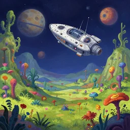 a spaceship on a wild landscape, full of alien plants and flowers, on a alien planet, from a space themed point and click 2 d graphic adventure game, art inspired by thomas kinkade