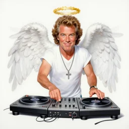 a caricature painting of rodney dangerfield as an angel DJing with DJ turntables, craig mullins, greg rutkowski
