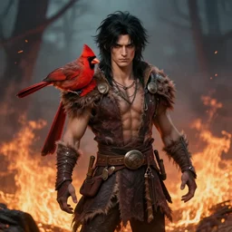 wildfire druid with a red cardinal, male, black hair