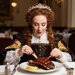beautiful queen elisabeth the 1 st in a restaurant eating ribs, 4 k