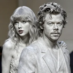 portrait of taylor swift and harry styles as a stone sculpture