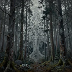 cinematic view of a dark dmt boreal forest filled with intricate and perfect patterns, trees, desaturated, psychedelic, dmt art, tim hildebrandt, alex grey, android jones, oil on canvas, masterpiece, trending on artstation, featured on pixiv, cinematic composition, sharp, details, hyper - detailed, hd, hdr, 4 k, 8 k