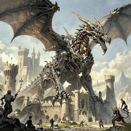 intricate fantasy comic book drawing of a giant mechanical dragon over a stronghold castle by dariusz zawadski and simon stalenhag, simon bisley, jack kirby and gris grimly, cinematic, epic, awesome color palette