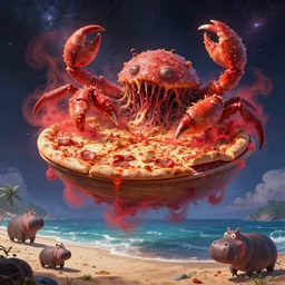 beautiful digital fantasy illustration of a layered pizza dream boat floating in the cubic space of cosmic terror, blobfish made of pizza on the beach, but it is a horrible mutated frightening gross pizza hybrid creature, ( crab ) covered in pizza with red mist coming out the pizza. unreal engine, epic scenery, national geographic, hungry hippos, by petros afshar and chiho aoshima