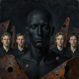 portrait of a horizon sized human figure with a face, vantablack cloth technology, night, rusty shapes, biotechnology, dariusz zawadzki, tim hildebrandt, wayne barlow, bruce pennington, larry elmore, oil on canvas, deep depth field, masterpiece, cinematic composition, hyperdetailed, hd, hdr