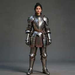 a full body picture of a young beautiful nepali lady wearing armour, highly detailed, cinematic lighting, hyperrealistic, 4 k, digital art