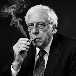 bernie sanders smoking weed, black and white portrait, dramatic lighting