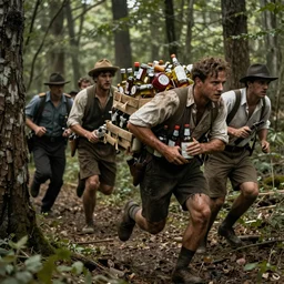 A group of people in 1920s clothing smuggling alcohol through the woods, hiding from the law, running from the authorities, dirty and sweaty, hyperdetailed, artstation, cgsociety, 8k