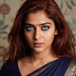 extreme close - up shot, studio photographic portrait of beautiful indian girl in sari, brown reddish hair, eyes with crystal teal pupils, haunting, looking at viewer, dynamic lighting, random outdoor wallpaper background, photorealistic, highly detailed, 2 5 mm