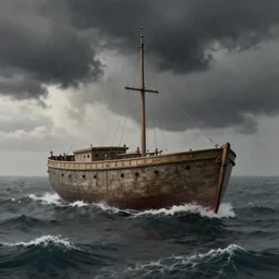 noah's ark floating on huge stormy seas dark clouds and rain, limited neutral palette, by pascal campion, petros afshar, anton fadeev, dean ellis, randolph stanley hewton, beautiful graphic, propaganda poster art 1 9 7 0 s illustrated advertising art, painterly design