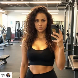 small chin round face mona lisa female influencer in gym instagram selfie photo staring at camera with curly hair in gym photo by annie leibovitz # gym # photography # iphone # beauty