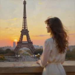 a beautiful oil painting of a woman at the eiffel tower looking at a sunset, beautiful, romantic, detailed