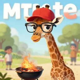 a photograph of a young giraffe with wayfarer glasses and red baseball cap having a barbecue, by floro dery, shoji kawamori, and greg rutkowski, artstation, concept art, high quality illustration, mtmte, cover art