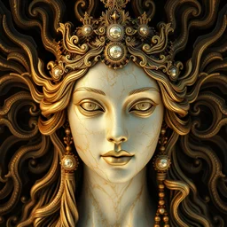 goddess made of golden marble, beautiful face, hyper detailed, flowing psychadelic background intricate and detailed, ornate 8 k gorgeous intricate detailed, octane render