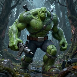 Huge muscular green man-super mutant with a minigun against the background of a radioactive forest, graphics, fallout 4 render, 3d computer render, maximum details, rain, night, spotlight,