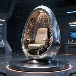 futuristic sci - fi professional lighting. hobby diy engineering photo in a slick futuristic star - trek environment. tensegrity captain's chair integrated into a giant button laden cylindrical station inspired by the shape of a hooded chrome egg avocado bean armature on a dais.