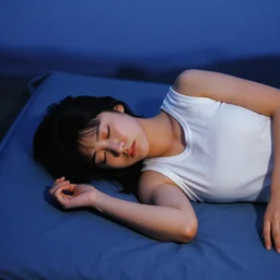 A long-shot from front, blue color photograph portrait of a sleeping young Japanese woman in sleeveless white shirt lying on her back on the futon, night, dark cool twilight, 1990 photo from Japanese photograph Magazine.