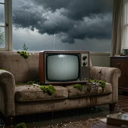 old television with storm clouds, water dripping, flooded 1 9 7 0 s apartment interior, couch, water damage, moss