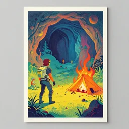 a transparent glass movie poster of a cyberpunk explorer having fire camp next to cave, risograph by ghostshrimp, kawase hasui, josan gonzalez, jean giraud, moebius and edward hopper, colourful flat surreal design, in the style of oxenfree, super detailed, a lot of tiny details, fullshot, isometric angles