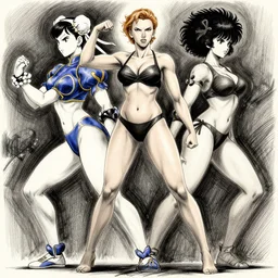 most strongest pose, scarlett johansson as baki with perfect symmetrical anatomical proportions, chun li, battle angel manga, afro samurai animes style, by greg rutkowski, pencil and ink, dramatic lighting, full body dramatic profile, swim suite, beauty competition