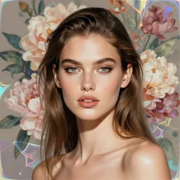 portrait latina supermodel with floral background : : holographic fractal edges : : by karol bak, artgerm, moebius, elena masci, tom bagshaw : : portrait, illustration, photorealism, hyperrealism