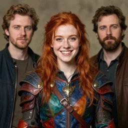 a young shy smile red head bard woman, ( ( ( colorful leather armor ) ) ), portrait by daniel docciu and dave dorman and artgerm