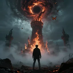 devil, scary, magical area, foggy area, by greg rutkowski, sharp focus, man standing, tower, fire, butterflies, black hole sucking, apocalypse