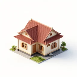 small cute assam type house, 1 0 0 mm, 3 d render, isometric, diorama, perfectly centered and isolated on white background