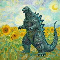 godzilla standing in a field with sunflowers by Vincent van Gogh