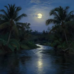 the night river of light, tropical vegetation, serene twlight moonlight, by frederic edwin church,