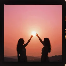 pink and orange expired film photograph of two women reaching towards the sun, silhouette in front of bright sun, grainy film photograph, album artwork, aesthetic
