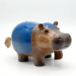 expertly crafted etsy kids natural wood hippopotamus expertly fused with blue epoxy. the back of the wood shining hippo is made of blue epoxy. with a white photographers background.