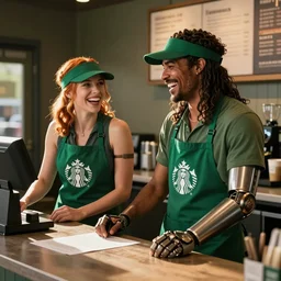 beautiful digital art of bucky barnes and natasha romanoff working at starbucks, coworkers, starbucks aprons and visors, daytime, at the counter, laughing, bucky has long hair and a metal arm, green clothing, warmth, friendship, cinematic, sunlight, natural lighting