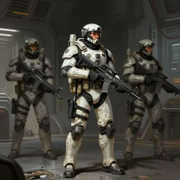 concept art by greg rutkowski, soldiers wearing futuristic white and black tactical gear, preparing for combat, brutalist futuristic interior, dim lighting, detailed portraits, nostalgic atmosphere, scifi, digital painting, artstation, concept art, smooth, sharp foccus ilustration, artstation hq