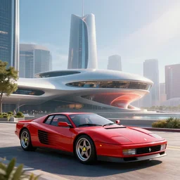 futuristic ferrari testarossa ( ( red ) ) parked exterior view of futuristic city hall overlooking city skyline ( ( frank lloyd wright ) ) luminescent concept art, unreal engine 5, artstation highly detailed, digital art, 8 k hdr, soft lighting, hyperrealistic, godrays