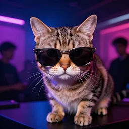 a drunk cat wearing sunglasses in berlin, professional cat photo, hdr, techno club lighting