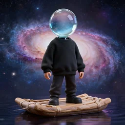 A figure with a glass ball instead of a head, wearing a black sweatshirt, standing on a raft in the galaxy, 8k, digital art, Cgsociety, hyperdetalied, high quality,