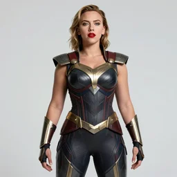 scarlett johansson as thanos, feminine beautiful muscular fitness model wearing armor, red lips, attractive, highly detailed full body portrait, pretty face, elegant, breathtaking art, concept art, by artgerm and ilya kuvshinov