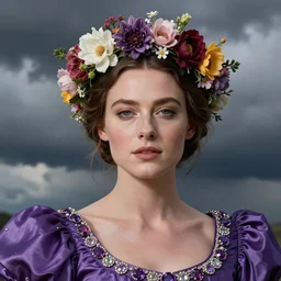 closeup portrait fine art photo of the beauty catriona balfe, she has a crown of stunning flowers and dress of purple satin and gemstones, background full of stormy clouds, by peter mohrbacher