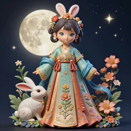 intricate richly detailed 3 d illustration of a girl in traditional chinese dress with rabbit, moon night with stars background completely render by rossdraws, thomas kinkade