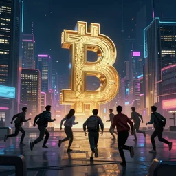 people running away scared from cryptocurrency city, bitcoin evil, cyberpunk art ultrarealistic 8k
